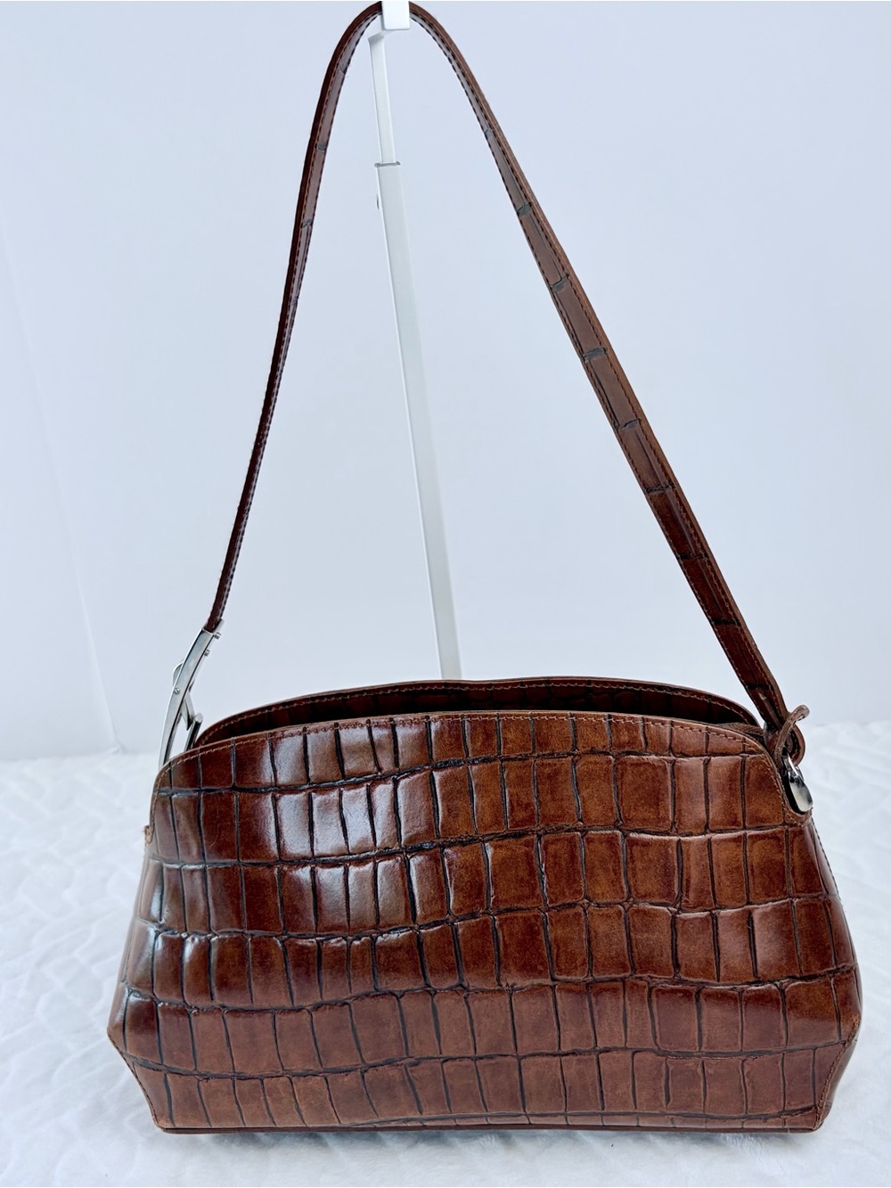 VTG 90s Y2K Petusco Brown Croc-Embossed Leather Baguette Bag Made in Spain